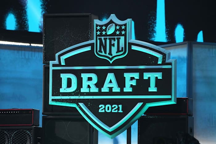 Apr 29, 2021; Cleveland, Ohio, USA; A general overall view of the 2021 NFL Shield Draft logo at First Energy Stadium.